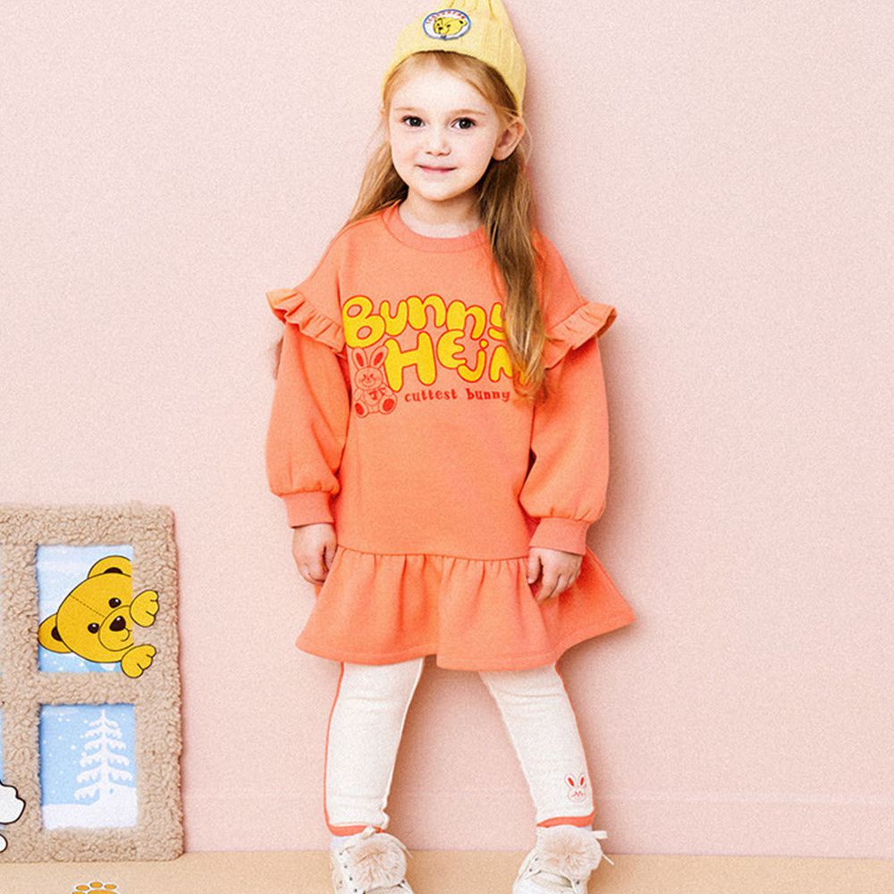 韓國 HEJMINI - (內刷毛)荷葉袖玩具兔洋裝-橘