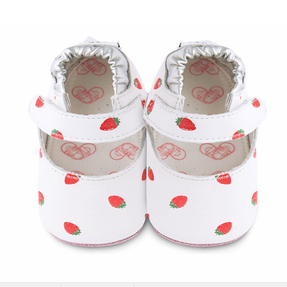英國 shooshoos - 健康無毒真皮手工鞋/學步鞋/嬰兒鞋/室內鞋/室內保暖鞋-白色草莓之吻 (XL (鞋內14cm))