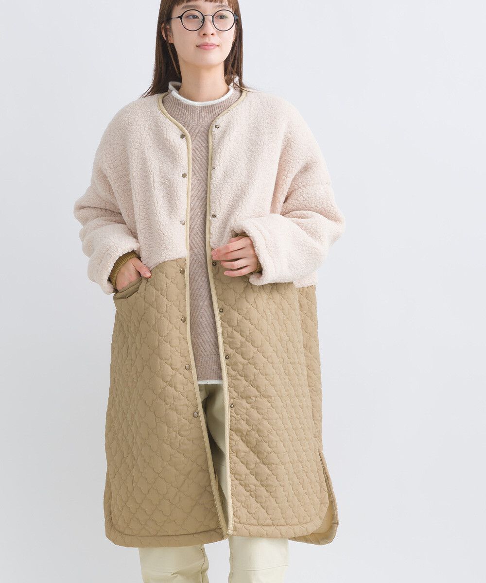 日本女裝代購 - 毛茸雲朵絎縫拼接長版鋪棉外套-軍綠