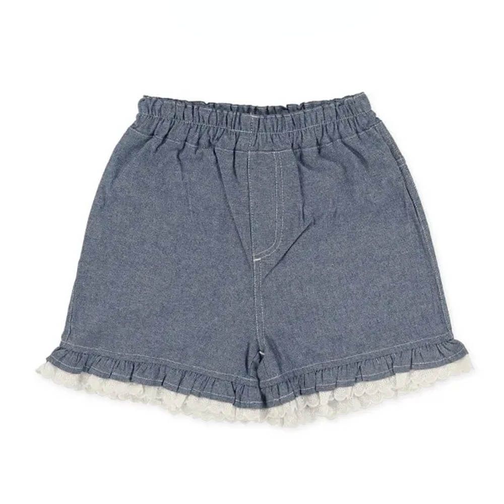 100%棉 蕾絲褲管鬆緊短褲-丹寧藍