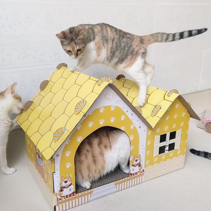 瓦愣紙製造型貓抓屋-歐風雙房-藍色 (53.5x35.x38cm)