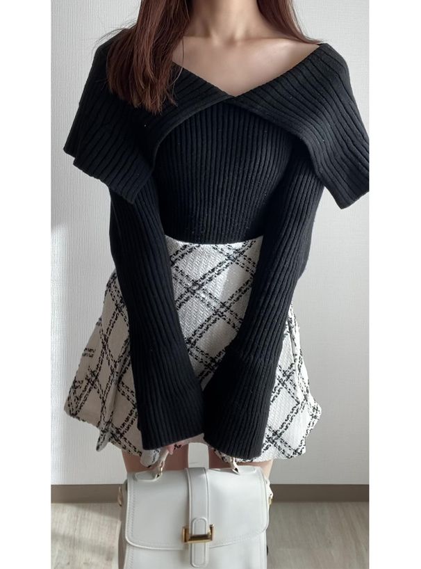 日本 GRL - 大翻領羅紋彈性薄針織上衣-奶茶 (F)