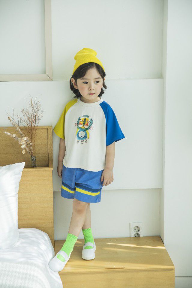 韓國 Mimico - 拼接色滑稽獅子T-藍