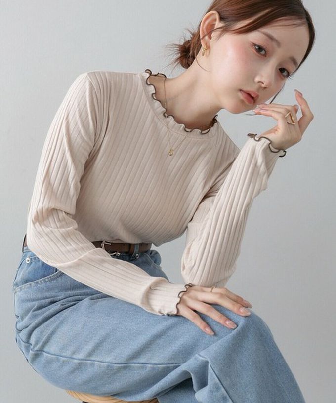 日本 Bab - 木耳滾邊典雅羅紋長袖上衣-高領-黑 (M)