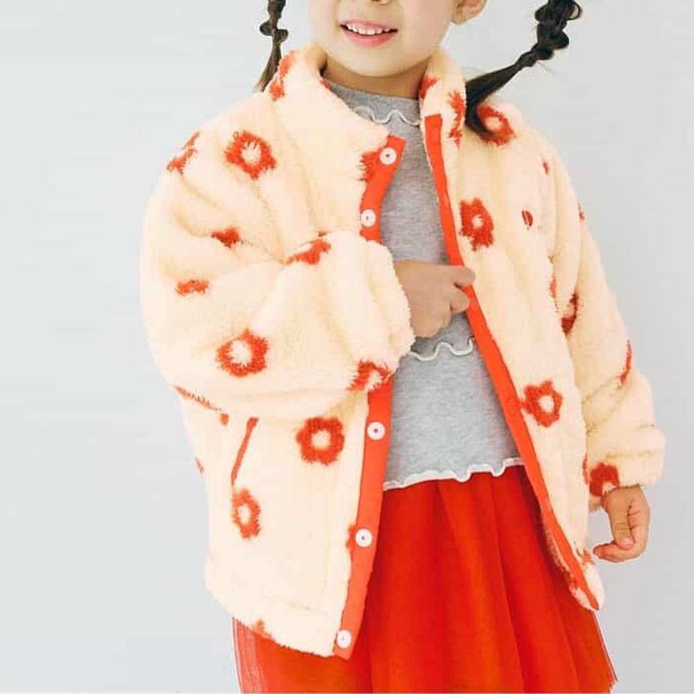 繽紛感印花絨毛保暖外套-花朵-象牙白