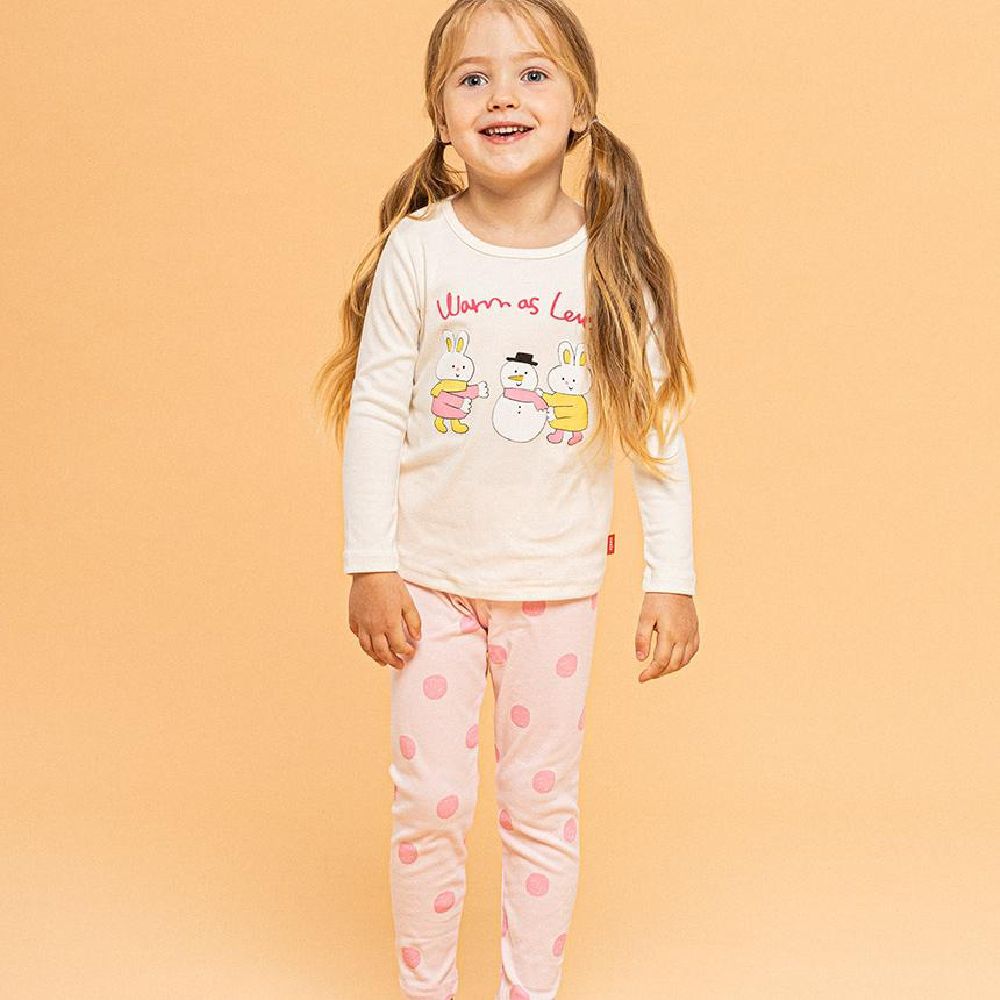 超細絨毛混織彈性長袖家居服-兔兔堆雪人-米白X淡粉