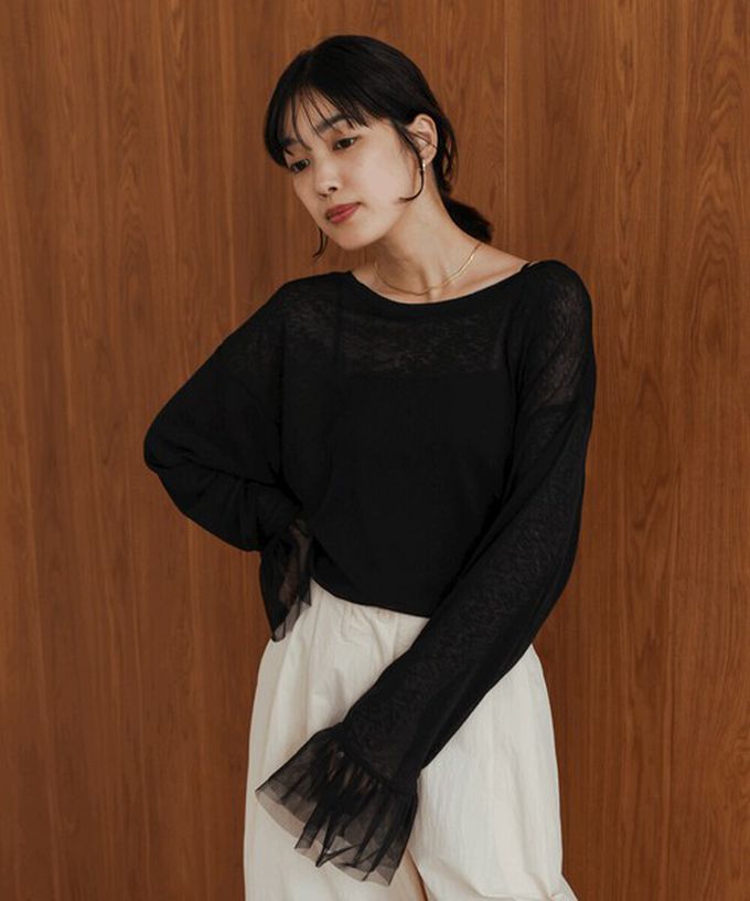 日本 Bab - 雙層薄紗拼接俏麗長袖上衣-黑