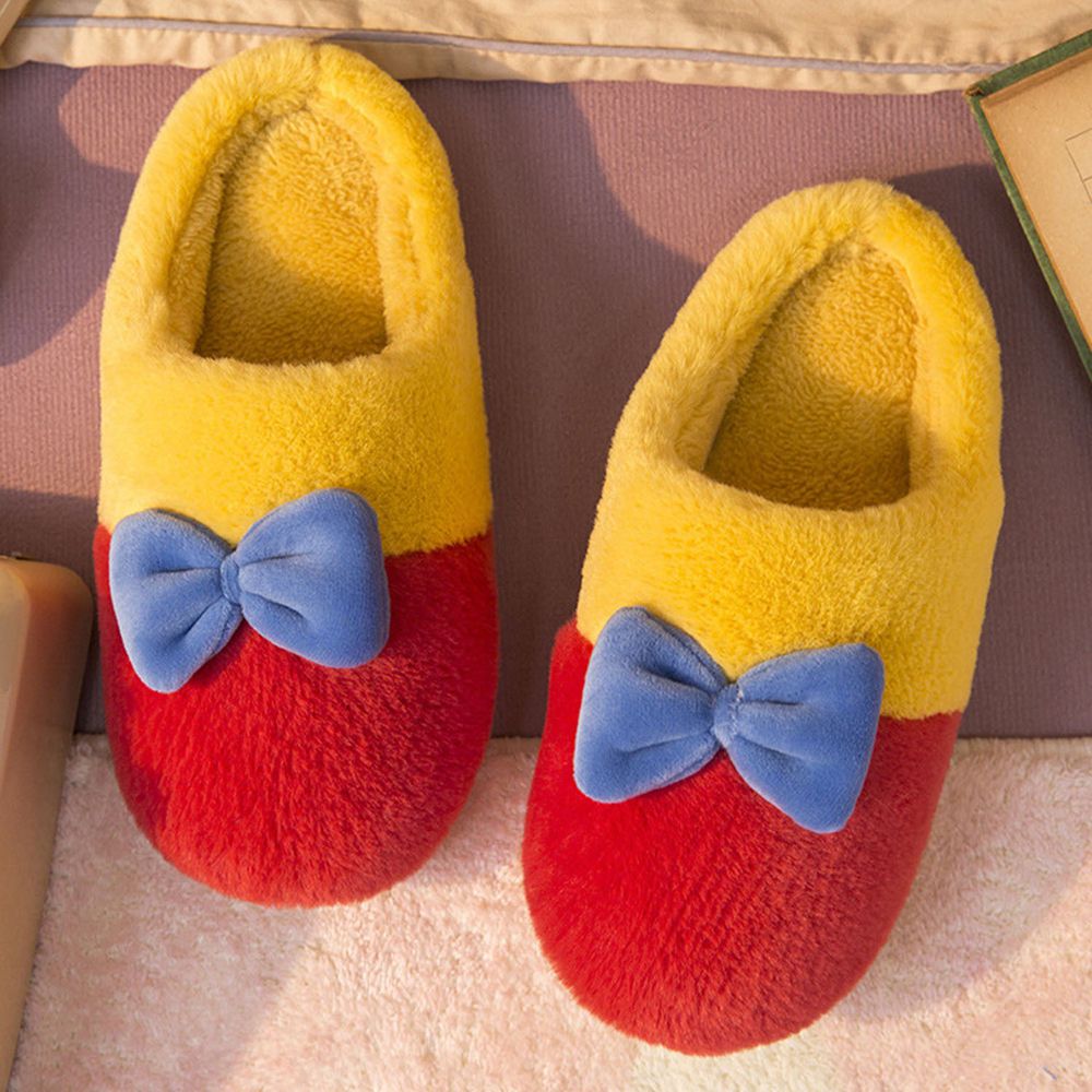 毛毛保暖室內拖鞋-小蝴蝶結-紅黃色