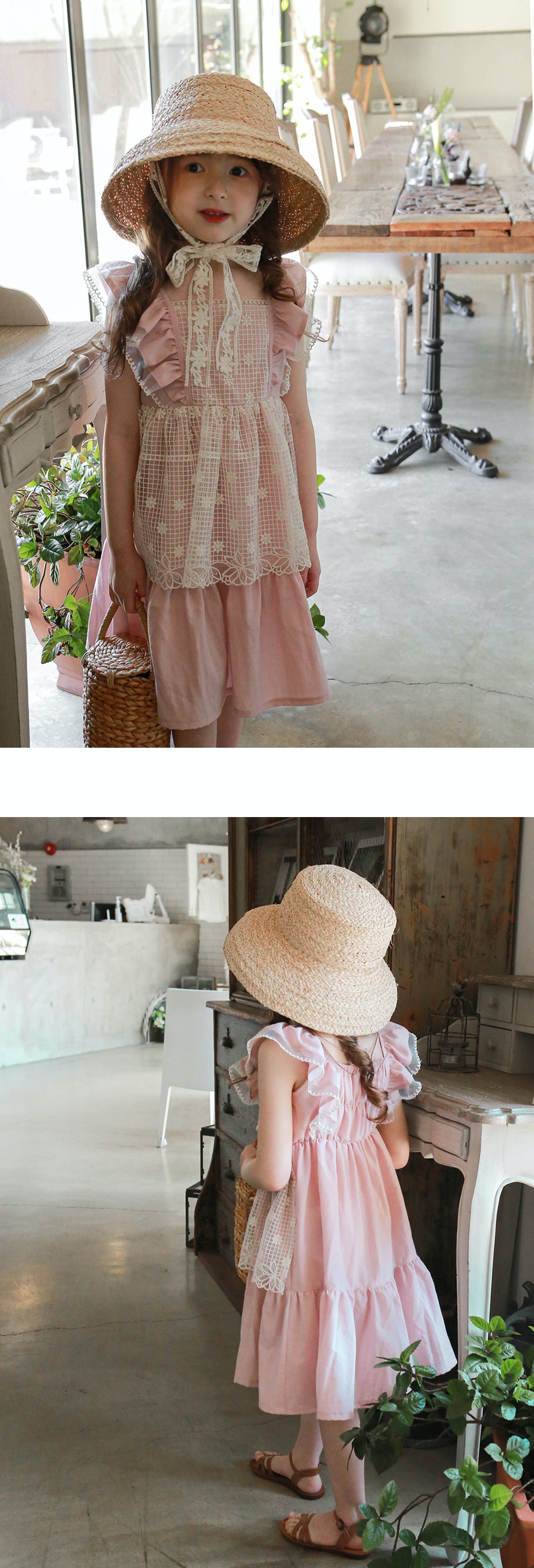 韓國 PuellaFLO - 假兩件格子花朵圍裙洋裝-粉紅