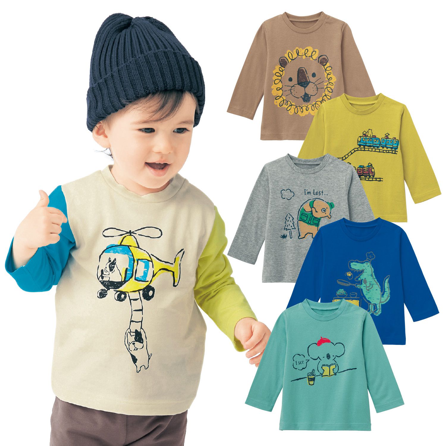 日本千趣會 - (小童)純棉印花長T-料理恐龍-藍