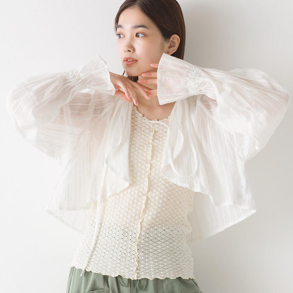 日本 OMNES - 溫柔糖果袖綁帶短版罩衫/外套-象牙白