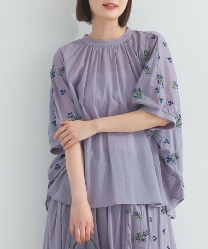 日本 Lupilien - 100%印度棉 優美植物刺繡大寬袖上衣-象牙