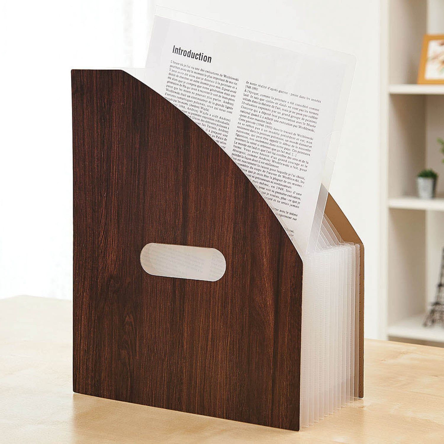 日本千趣會 - 直立式大容量伸縮文件收納盒-平行款-深咖木紋 (33x23.6cm)