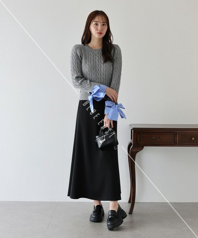 日本 BLUE EAST - 亮麗蝴蝶結緞帶袖麻花針織上衣-灰