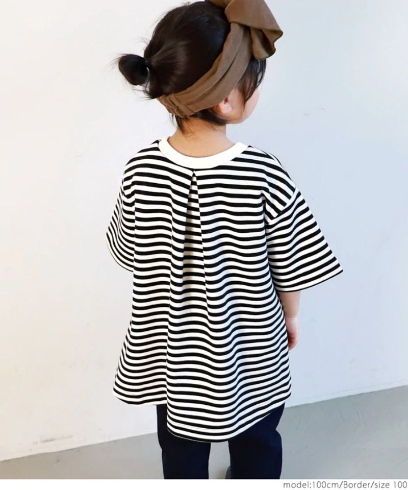 日本 COCA - 落肩細條紋五分袖前短後長寬鬆上衣-小孩-黑白