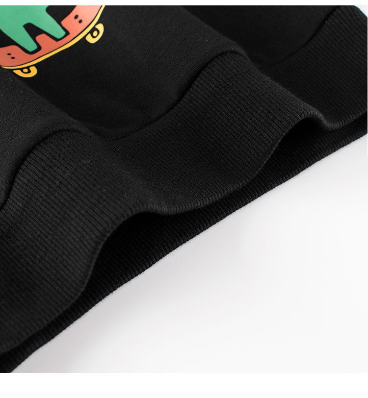 加絨棉質圓領長袖上衣/大學T-特技鱷魚-黑色