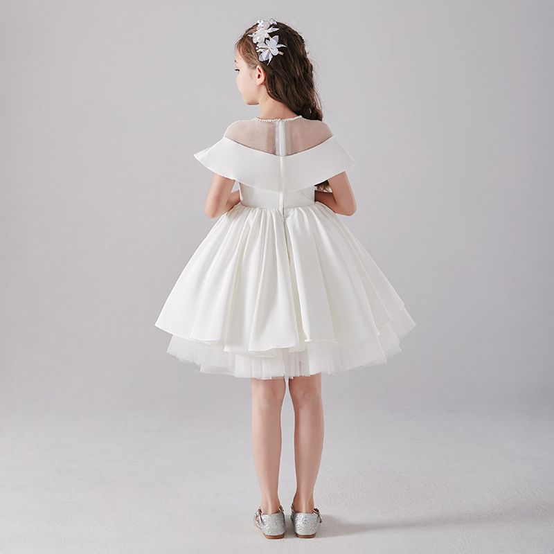 緞面假兩件卡肩式禮服-白色