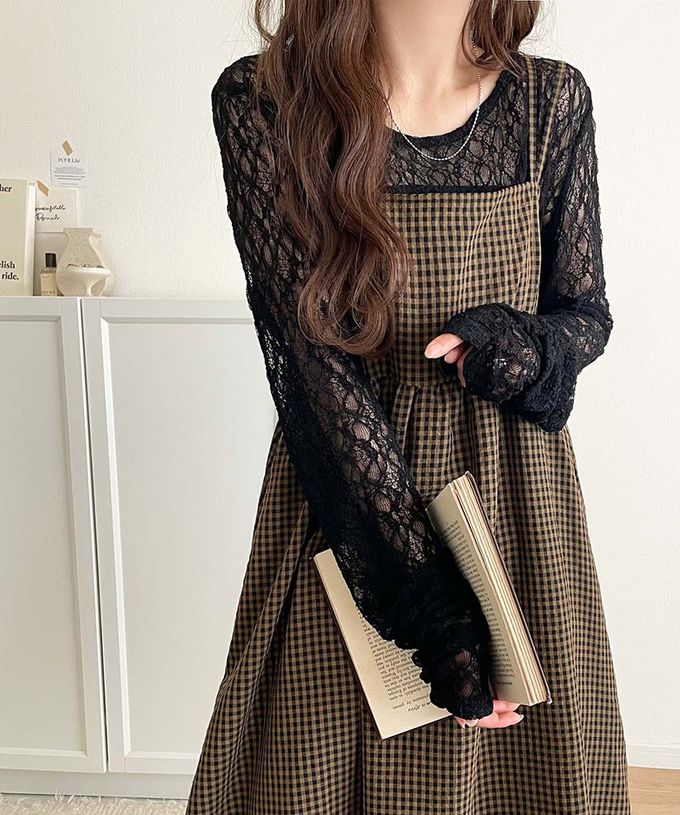 日本 Classical Elf - 成熟可愛感後綁帶吊帶洋裝-格子-灰黑