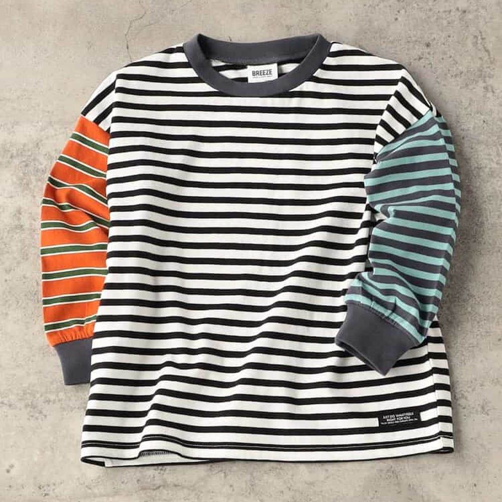 100%棉 定番款搭縮口長袖上衣-條紋撞色-黑白X橘綠