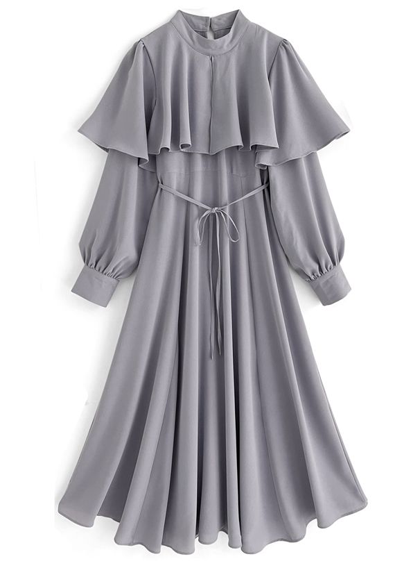 日本 GRL - 燭光晚餐斗篷領雪紡洋裝-寶貝藍