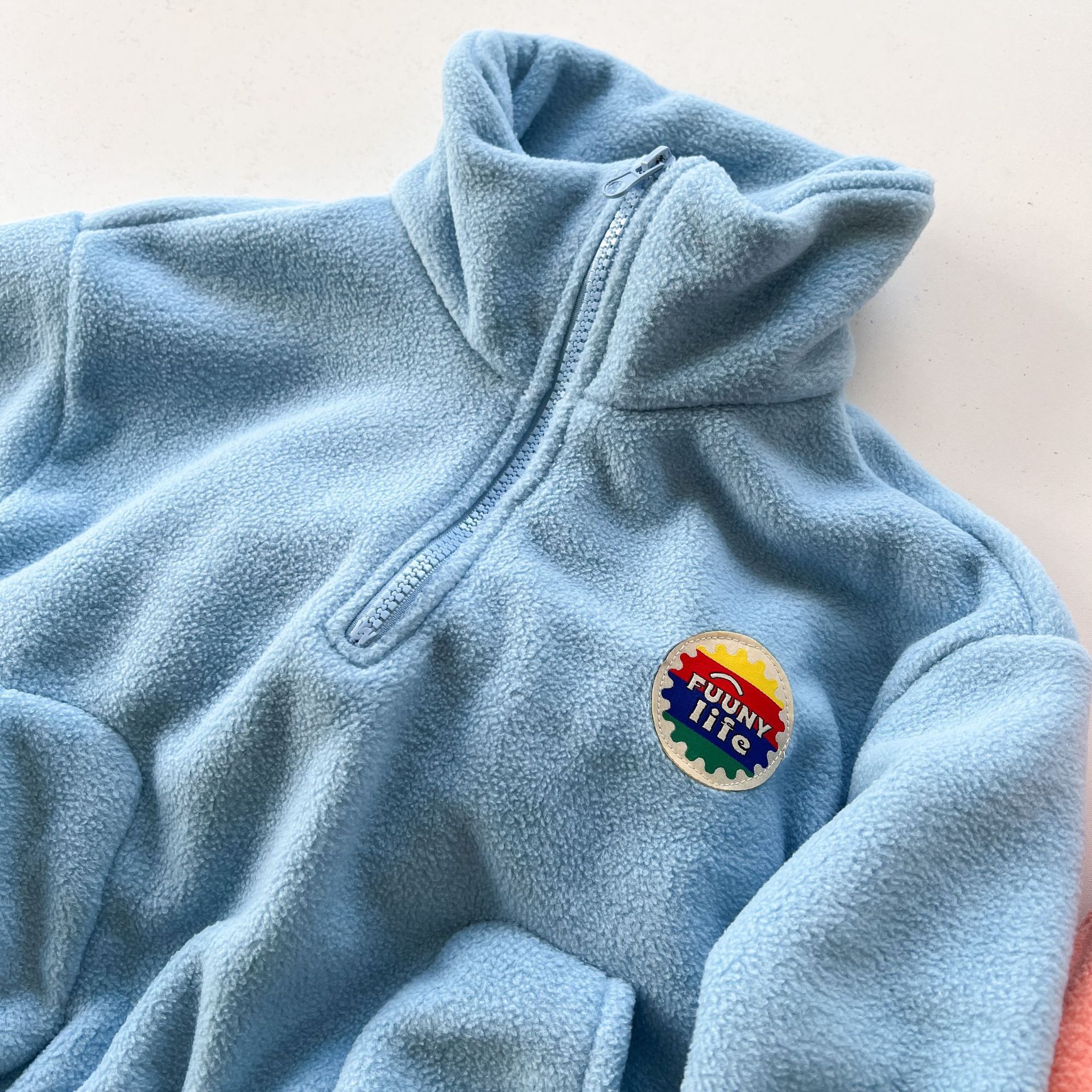 搖粒絨拉鍊休閒套裝-粉橘色