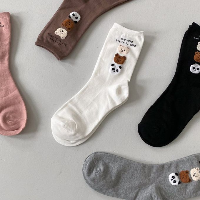 韓國Marian - 三隻毛毛熊中筒襪-棕色 (Free)