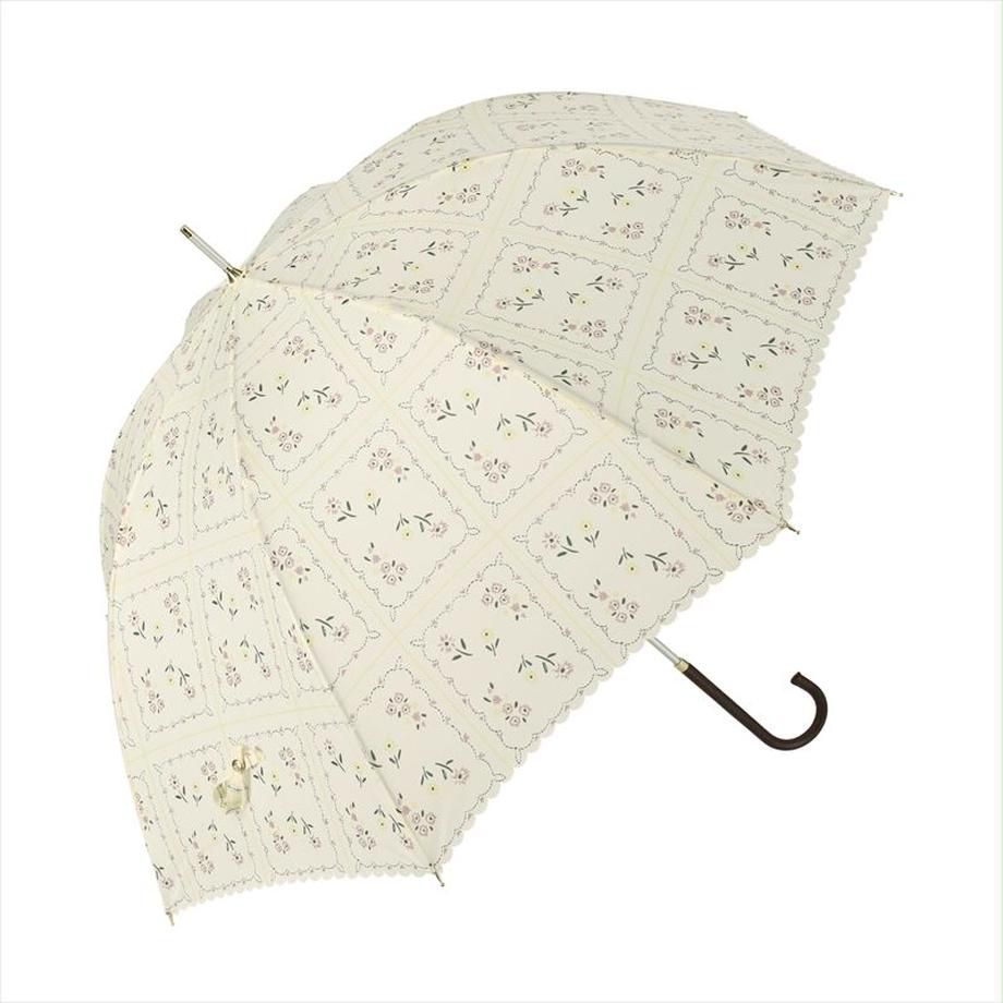 日本 nifty colors - 抗UV輕量 晴雨兩用J型手把直傘-歐風花草-天使白 (直徑90cm/248g)