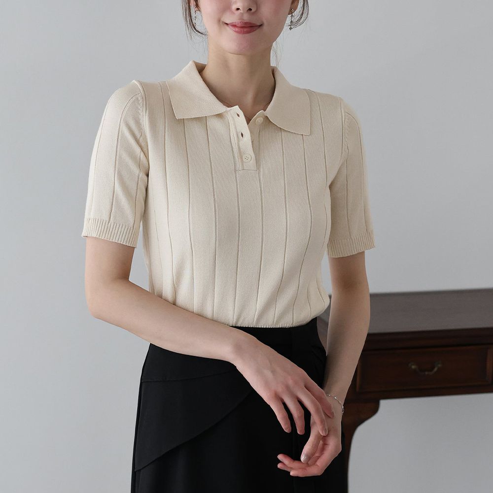 都會氣息寬羅紋針織短袖polo衫-米杏