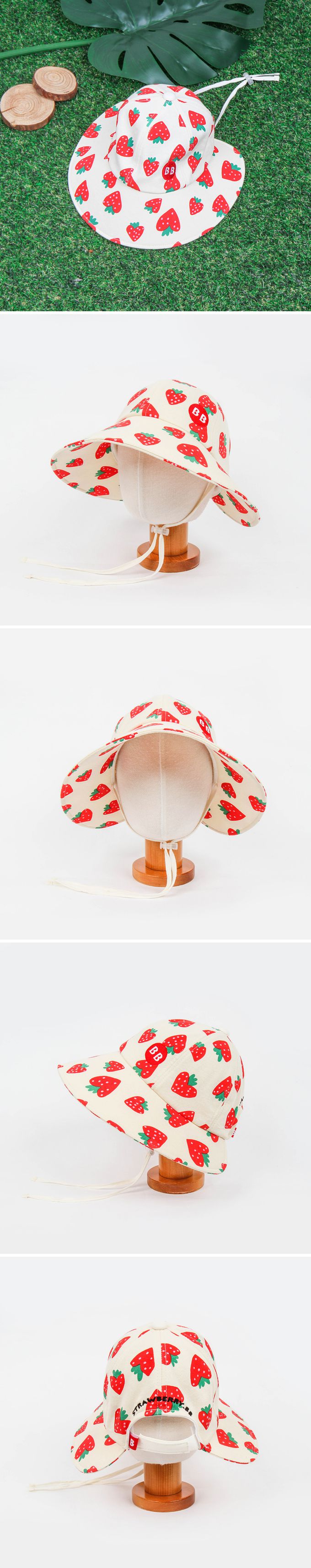 韓國 Babyblee - 正韓製愛心草莓印繫帶遮陽帽