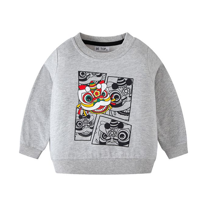 純棉圓領長袖上衣/大學T-舞龍舞獅-灰色