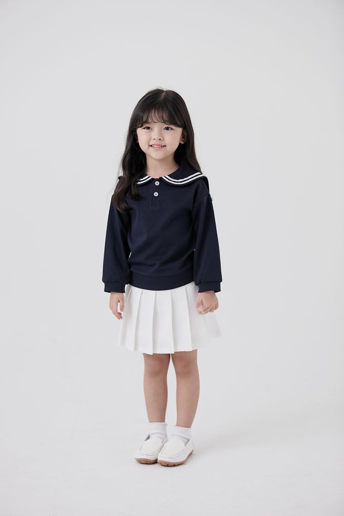 韓國 Coco Bang - 水手翻領鈕釦點綴長袖上衣-深藍