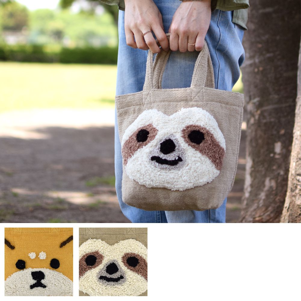 日本 TOMO - 可愛動物刺繡帆布包/提袋-柴犬-芥末 (29×21×D10cm)