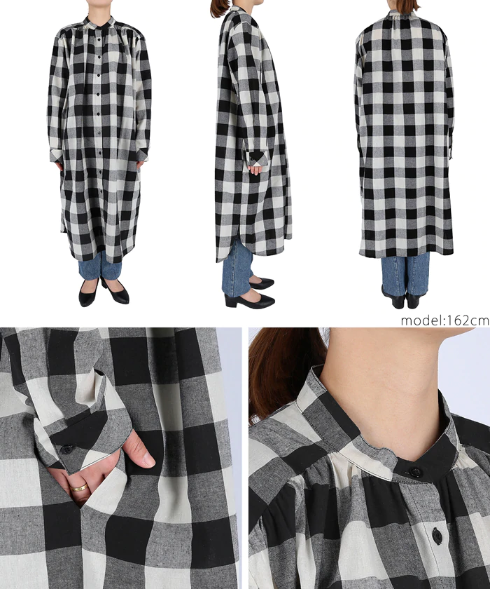 日本 COCA - 復古百搭黑白格子薄長袖襯衫洋裝/外套-黑白