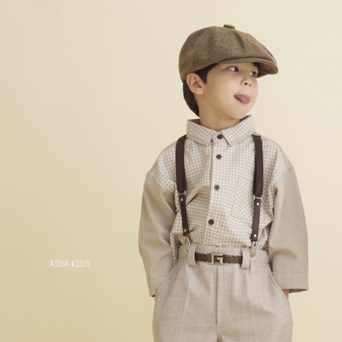 韓國 AIDA - (不含領結)拼接感格紋翻領長袖襯衫-可可咖