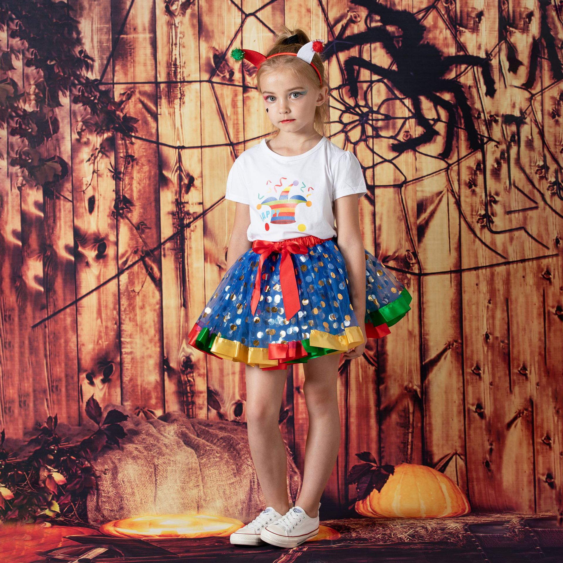 TUTUDRESS - 兒童網紗澎澎裙/片片裙+髮箍-小丑款-藍+紅+黃+綠-萬聖節裝扮