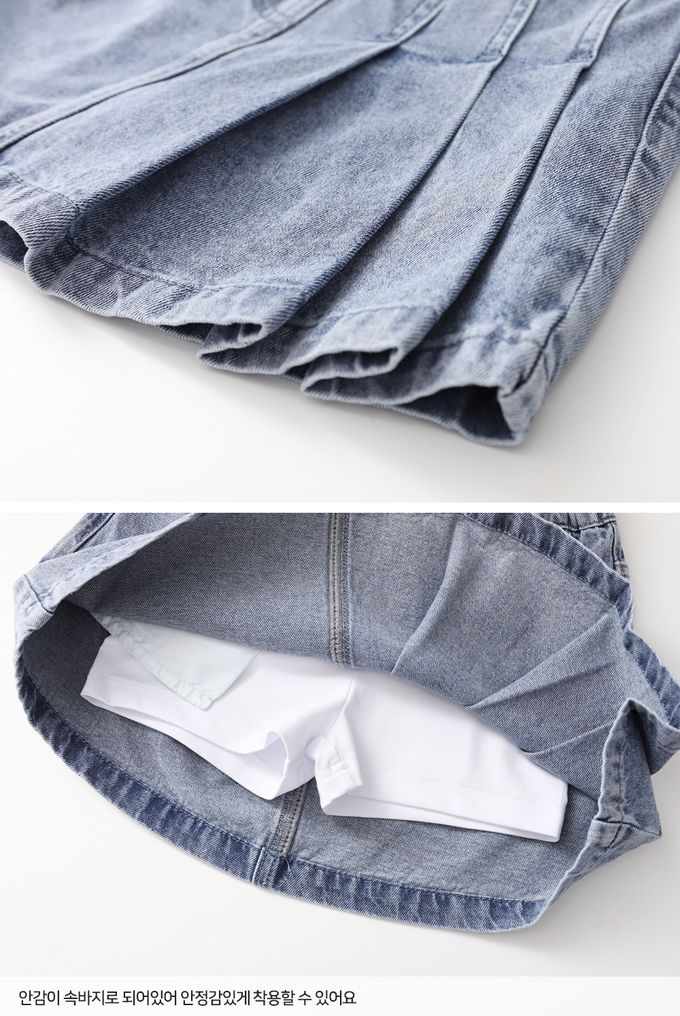 韓國 J KIDS - 鬆緊腰牛仔風褶線設計褲裙-牛仔藍