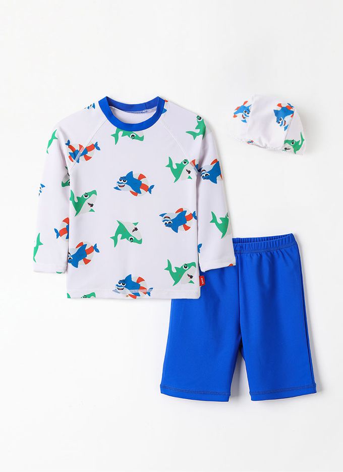 韓國 OZKIZ - 泳圈鯊魚印長袖泳裝/泳帽Set-白灰X藍