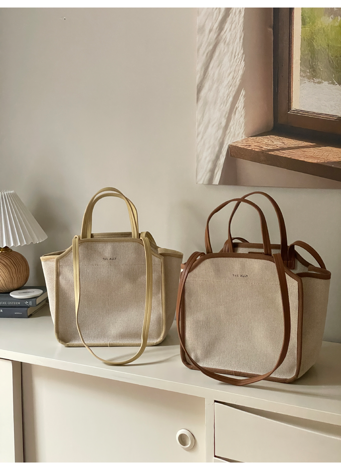 韓國 THEALLY - (附小袋)質挺帆布方包手提/肩背包-焦糖咖 (中)