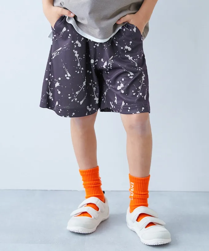 日本 devirock - 涼感速乾網眼 印花彈性短褲-潑墨-黑