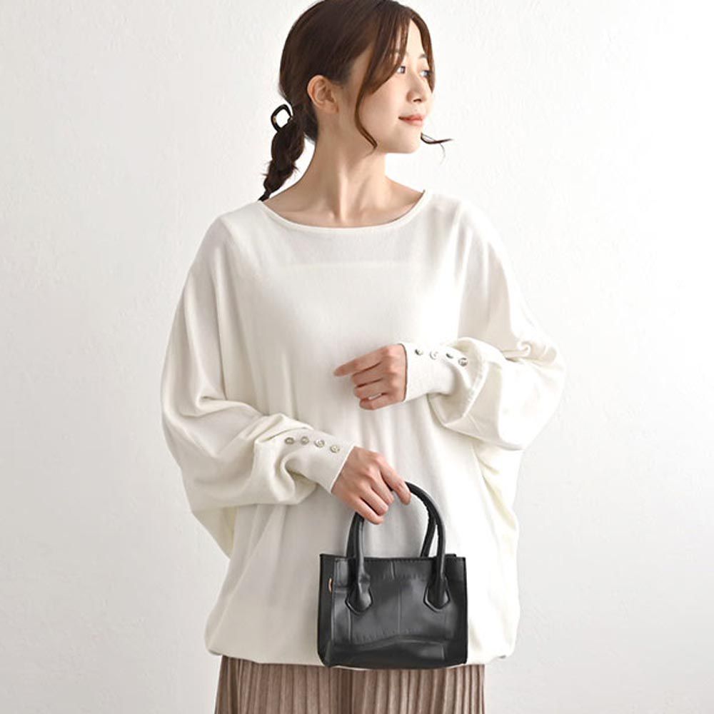 日本 ihuu - 袖釦寬鬆大圓領舒適針織上衣-白