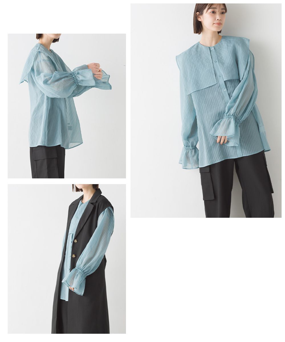 日本 OMNES - 空氣感翻領透膚糖果袖襯衫-暖陽橘