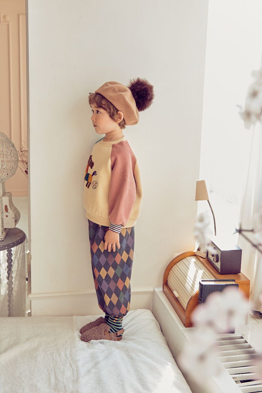 韓國 Mimico - (裏起毛)立體木馬拼接色T