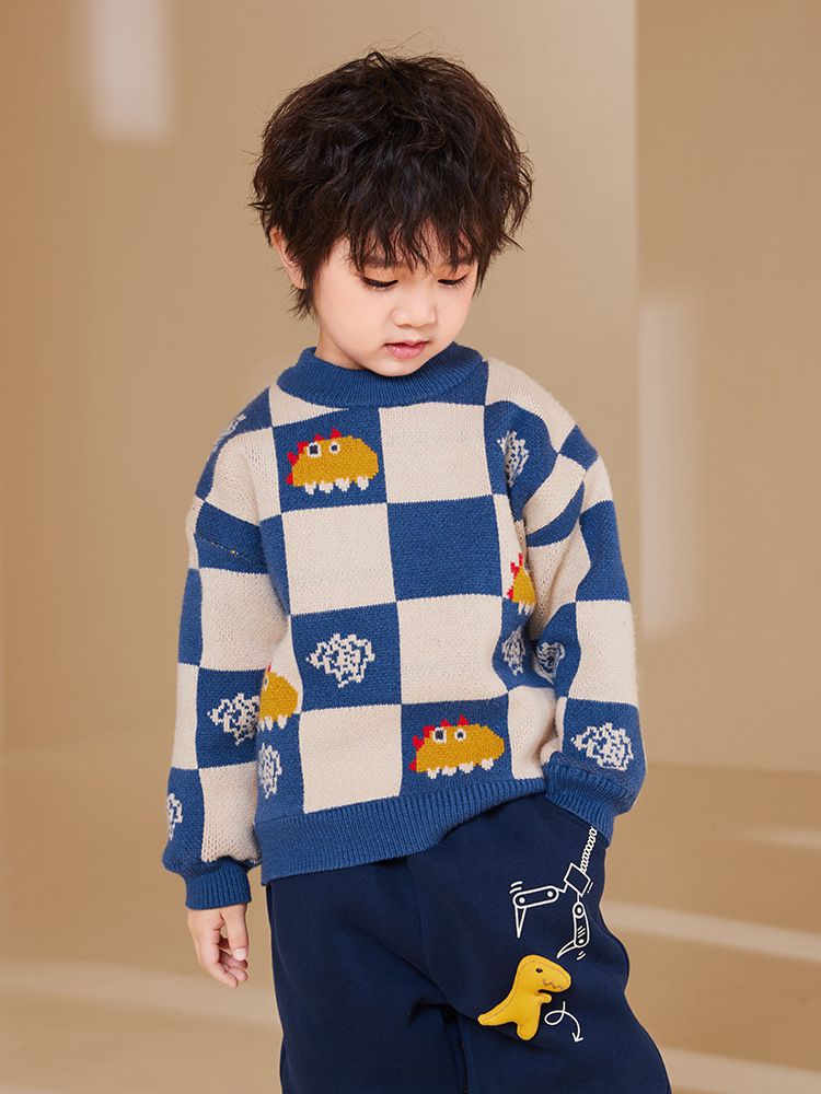 圓領保暖針織長袖上衣/毛衣-拼色格紋恐龍-藍色