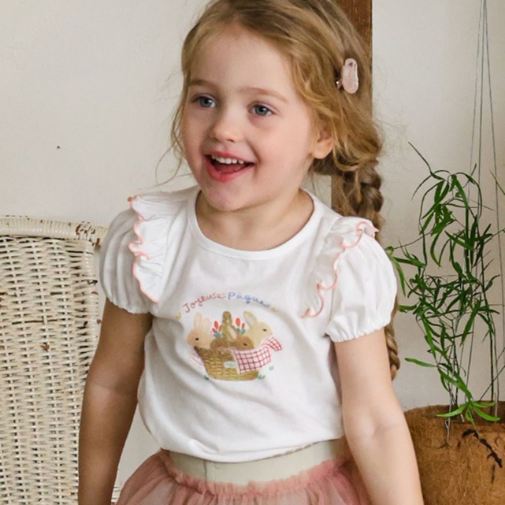 Puellaflo 竹籃兔兔泡泡短袖純棉上衣-白