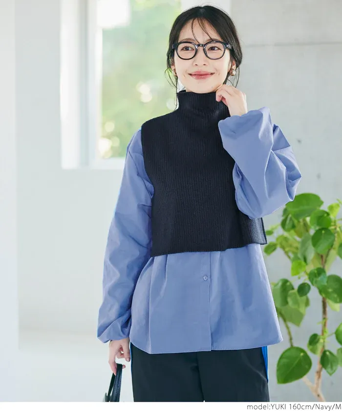 日本 COCA - 高領針織背心+前短後長襯衫2件組-黑