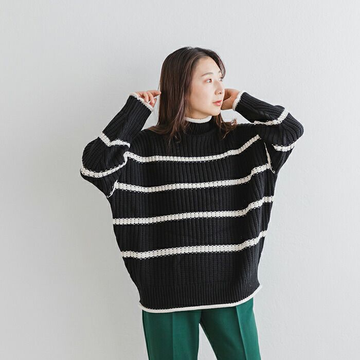 日本 ihuu - 率性線條高領厚針織長袖上衣-黑x白條紋