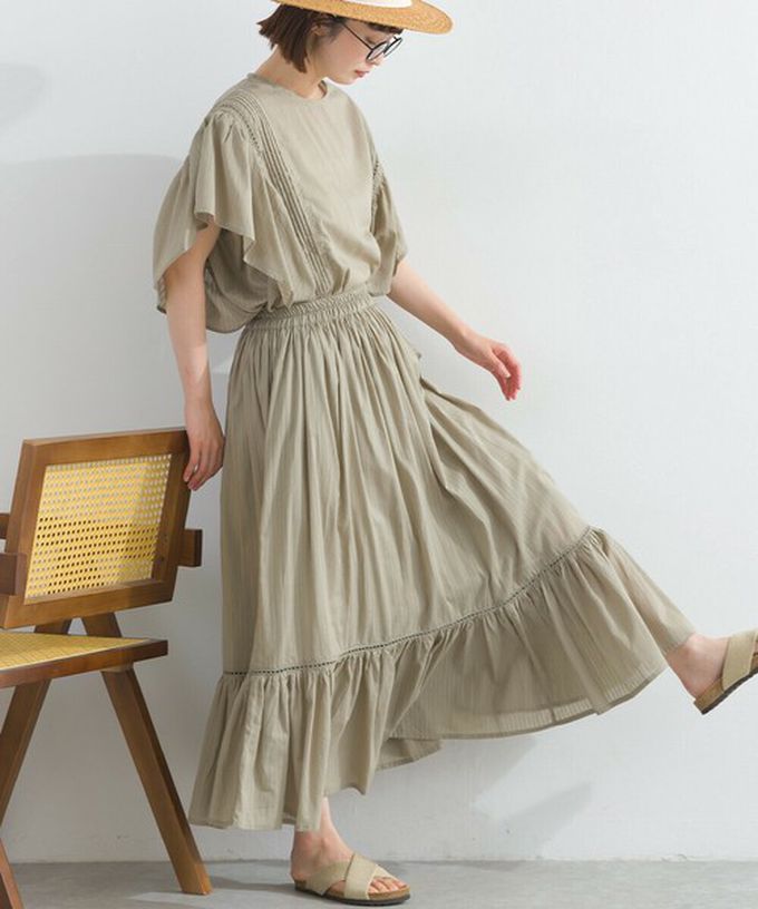 日本 Lupilien - 100%印度棉 飄逸緹花下擺鬆緊長裙-卡其棕