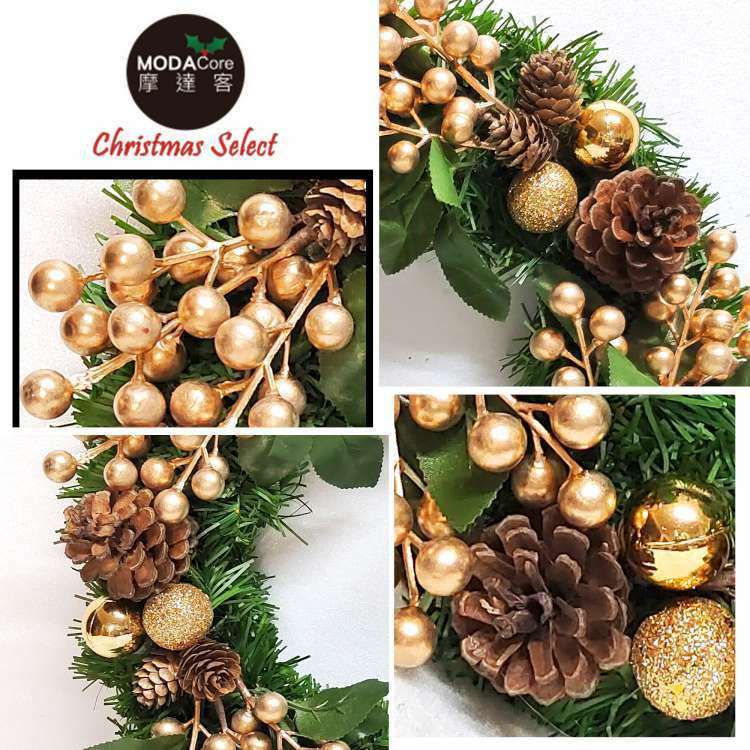MODACore 摩達客 - 摩達客耶誕-台製歐風典雅14吋大地盛宴金球果松果聖誕花圈_福臨圈(免組裝/台灣設計手工藝製)