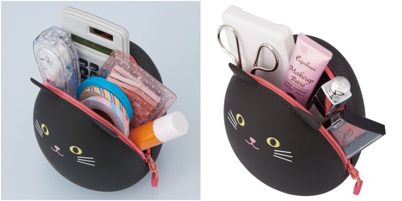 日本文具 LIHIT - 圓筒式胖胖收納包-灰貓 (L(14x12x9.6cm))