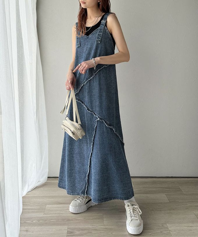 日本 Classical Elf - 華麗線條流蘇V領牛仔背心裙-藍